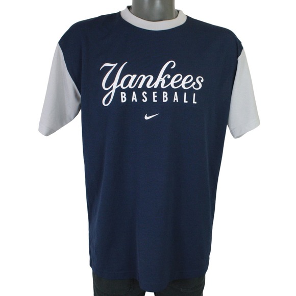 Vintage New York Yankees Nike Script Spell Out Blue Jersey Shirt Mens L - Picture 1 of 4